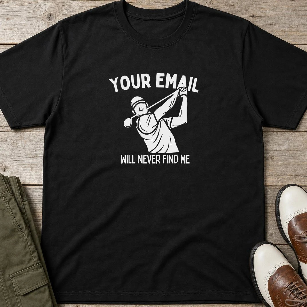 Your Email T-Shirt in Black lying on a plain floor. T-shirt is a unisex cut and 100 per cent cotton.