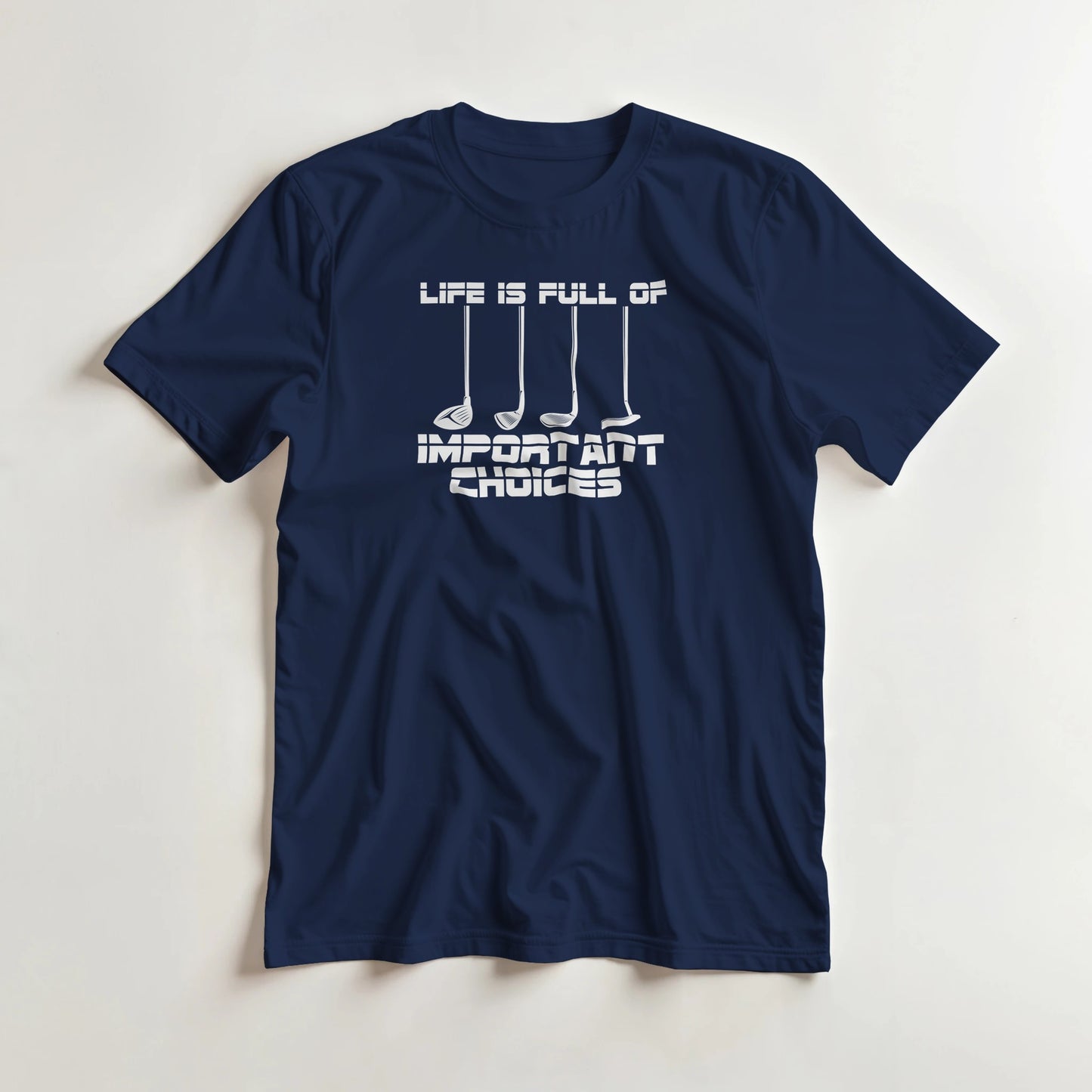 Important Choices T-Shirt in Navy lying on a plain floor. T-shirt is a unisex cut and 100 per cent cotton.