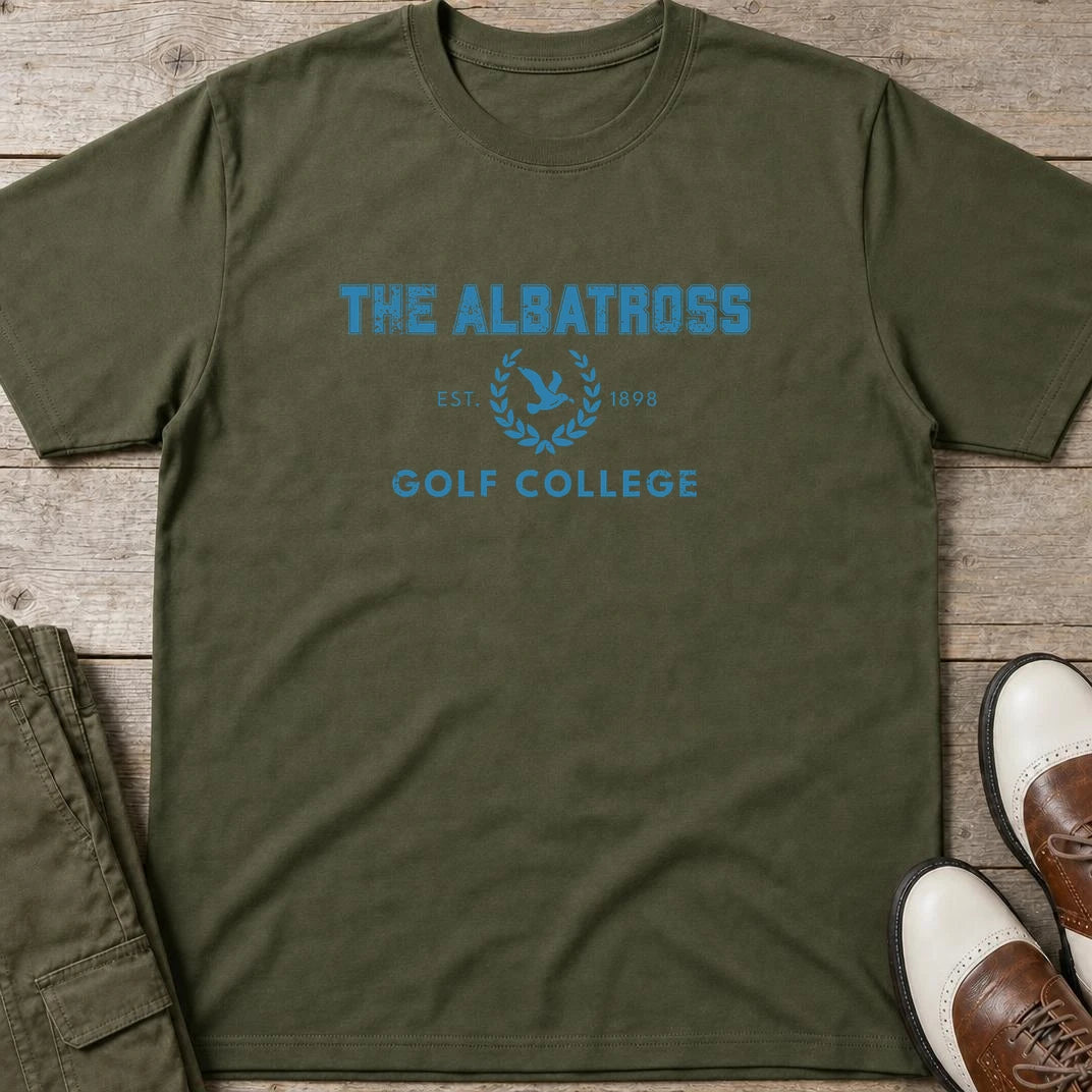 Albatross College T-Shirt in Military Green lying on a plain floor. T-shirt is a unisex cut and 100 per cent cotton.