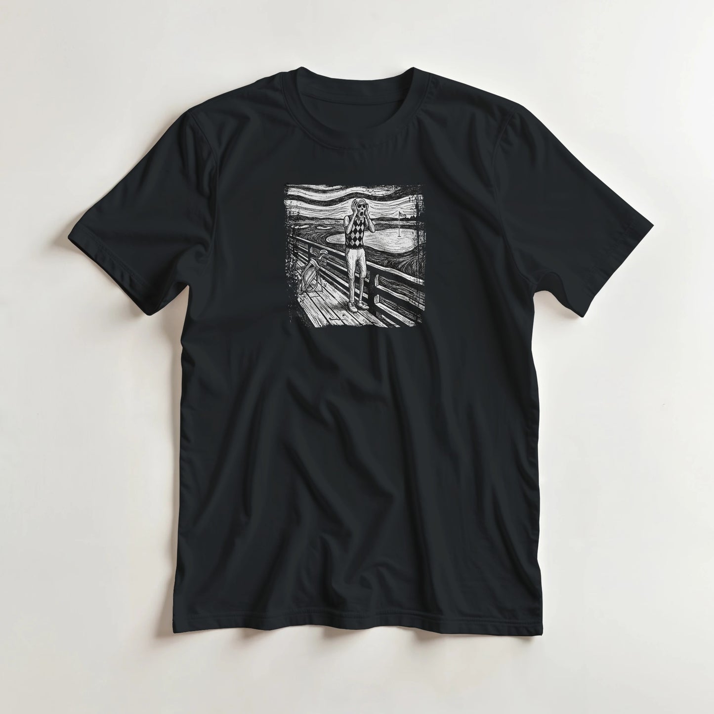 The Scream T-Shirt in lying on a plain floor. T-shirt is a unisex cut and 100 per cent cotton.