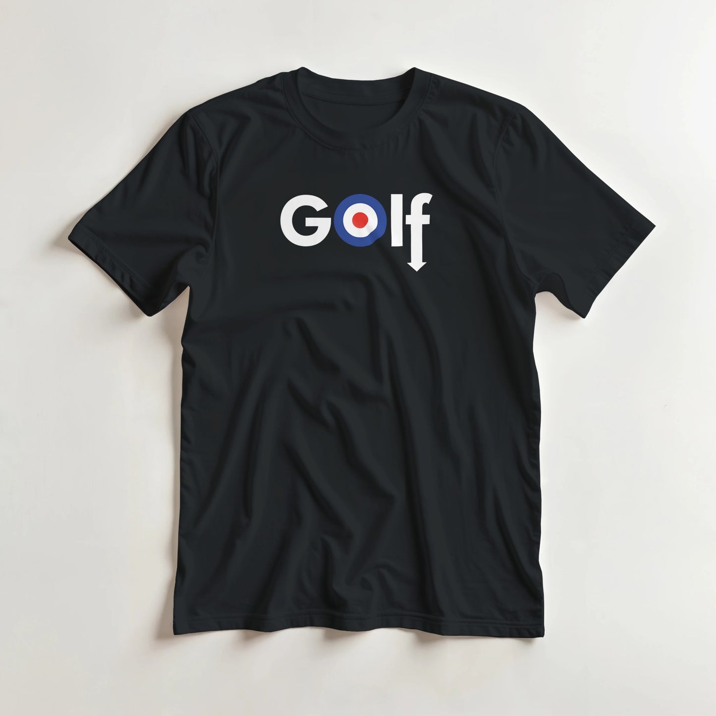 Golf Mod T-Shirt in Black lying on a plain floor. T-shirt is a unisex cut and 100 per cent cotton.