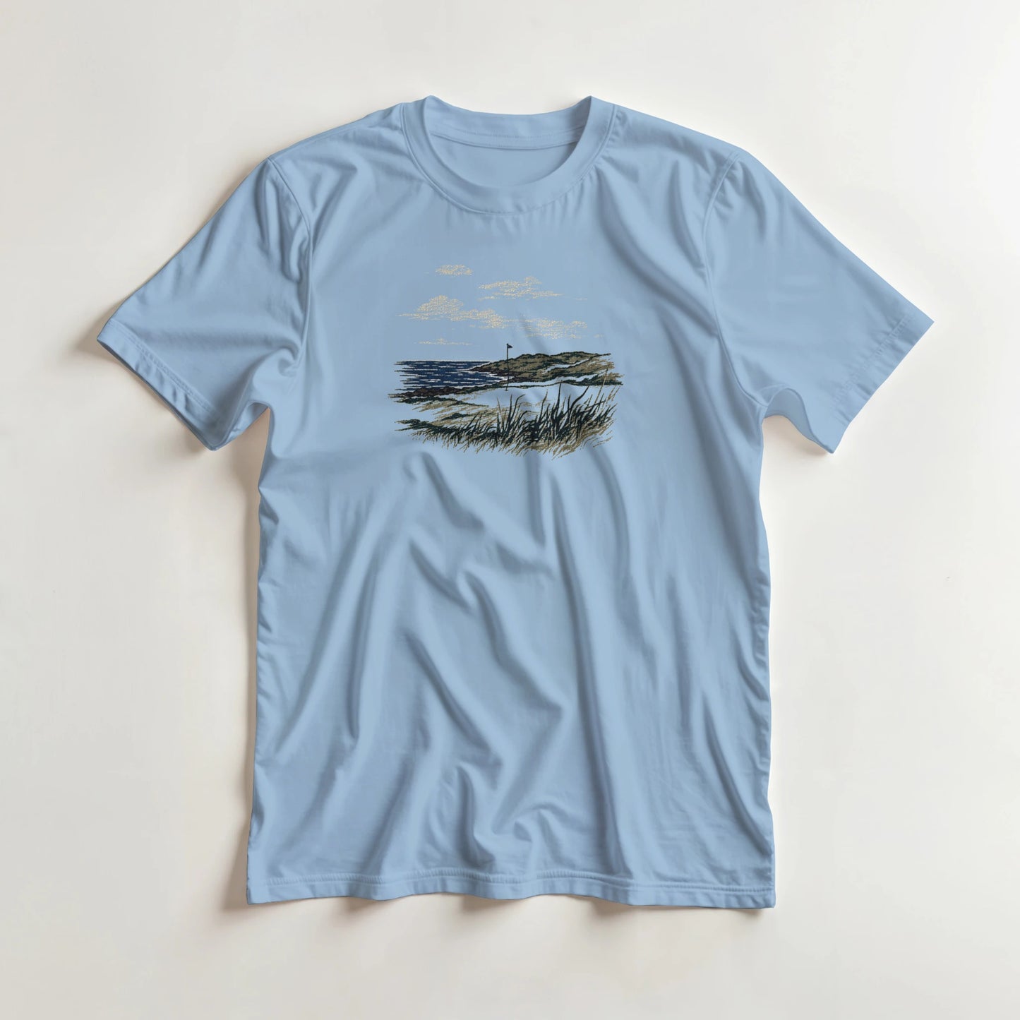 Tranquillity T-Shirt in lying on a plain floor. T-shirt is a unisex cut and 100 per cent cotton.