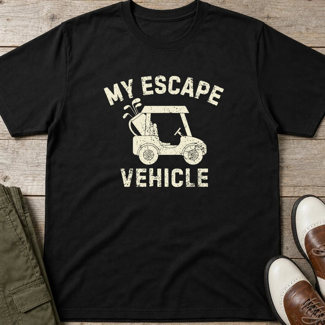 Escape Vehicle T-Shirt in Black lying on a plain floor. T-shirt is a unisex cut and 100 per cent cotton.