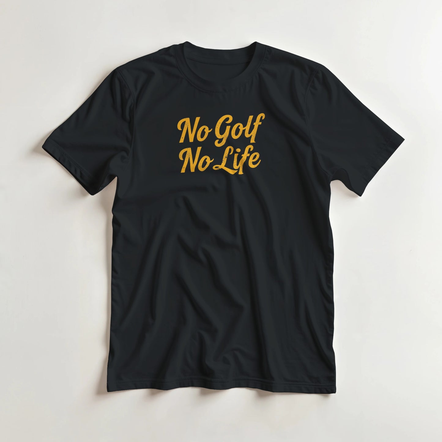 No Golf T-Shirt in lying on a plain floor. T-shirt is a unisex cut and 100 per cent cotton.