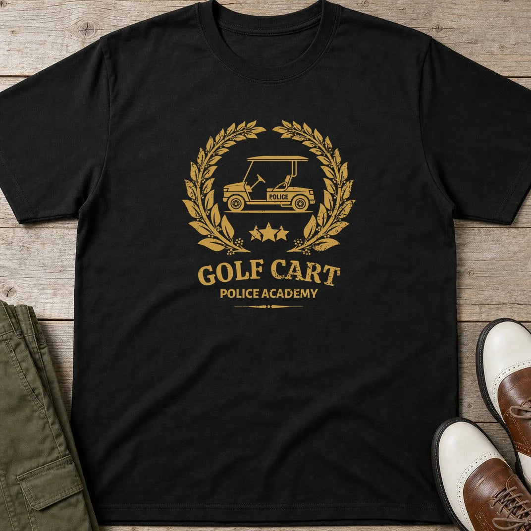 Cart Police T-Shirt in Black lying on a plain floor. T-shirt is a unisex cut and 100 per cent cotton.