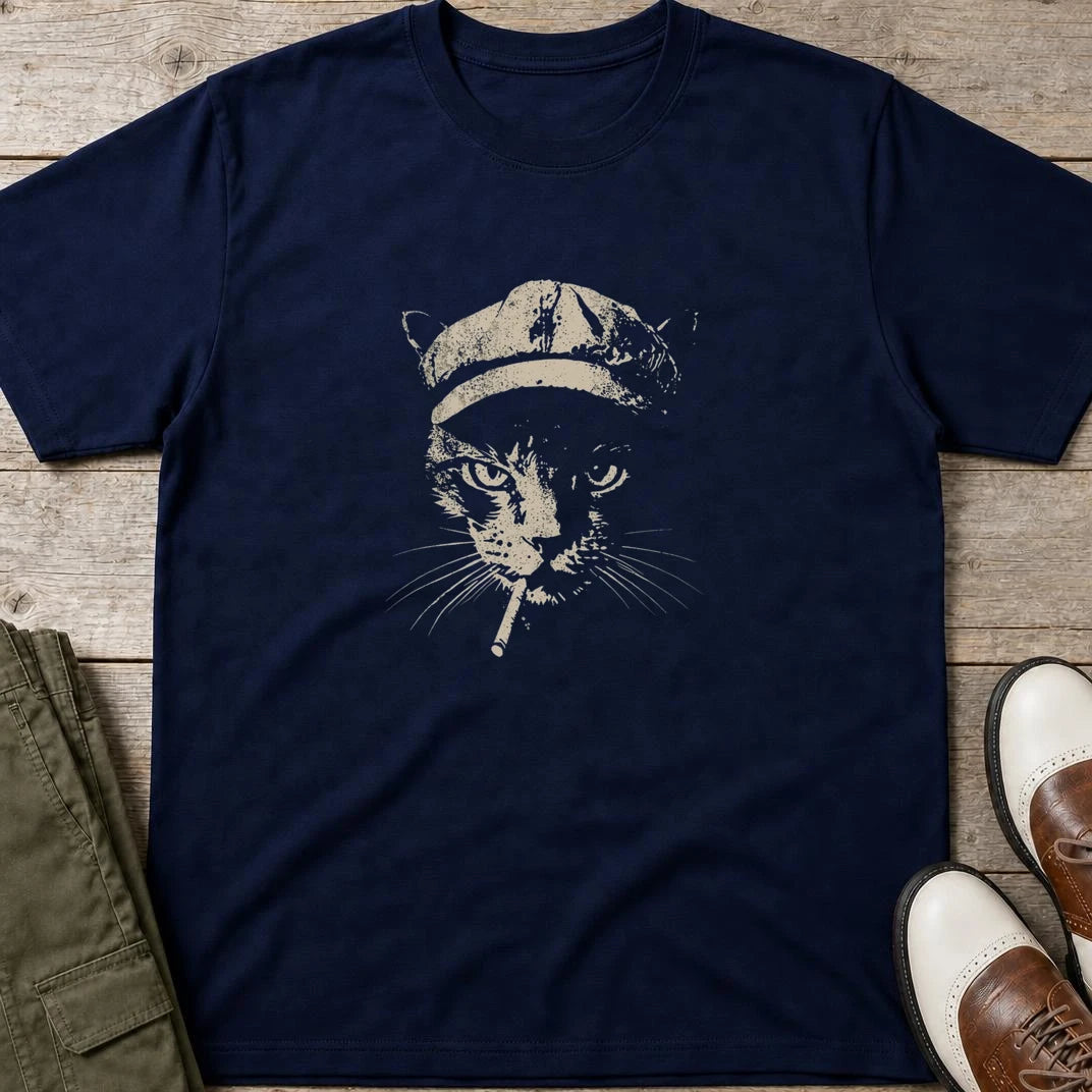 Vintage Cat T-Shirt in Navy lying on a plain floor. T-shirt is a unisex cut and 100 per cent cotton.