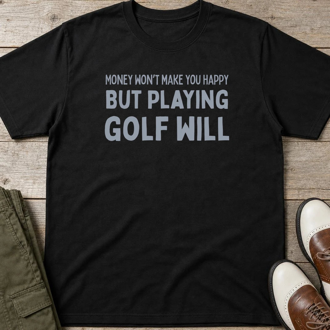 Playing Golf T-Shirt in Black lying on a plain floor. T-shirt is a unisex cut and 100 per cent cotton.