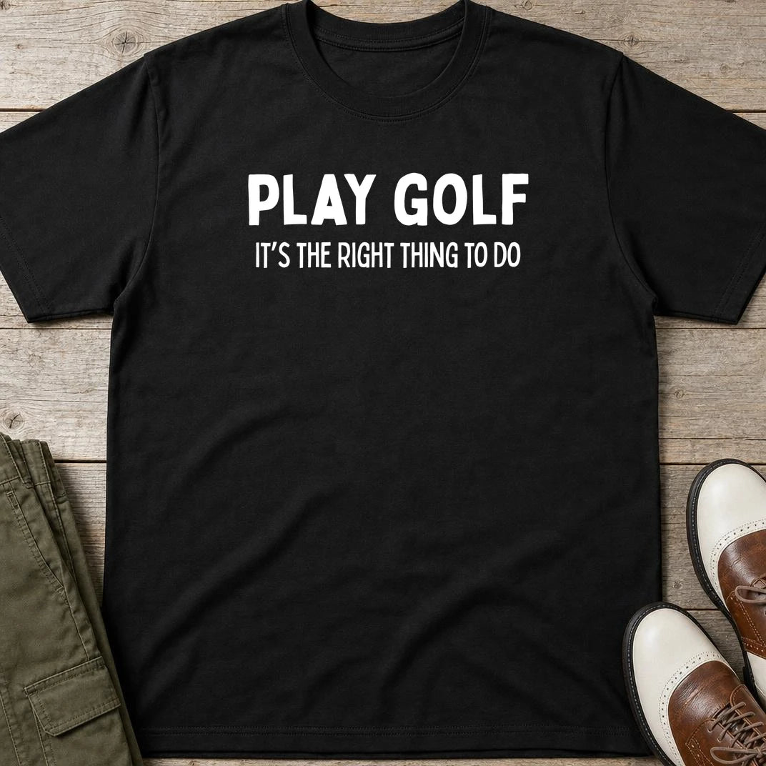 The Right Thing T-Shirt in Black lying on a plain floor. T-shirt is a unisex cut and 100 per cent cotton.