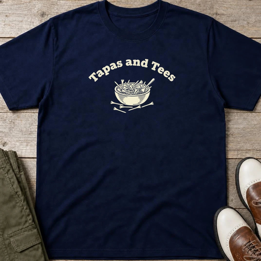 Tapas T-Shirt in Navy lying on a plain floor. T-shirt is a unisex cut and 100 per cent cotton.
