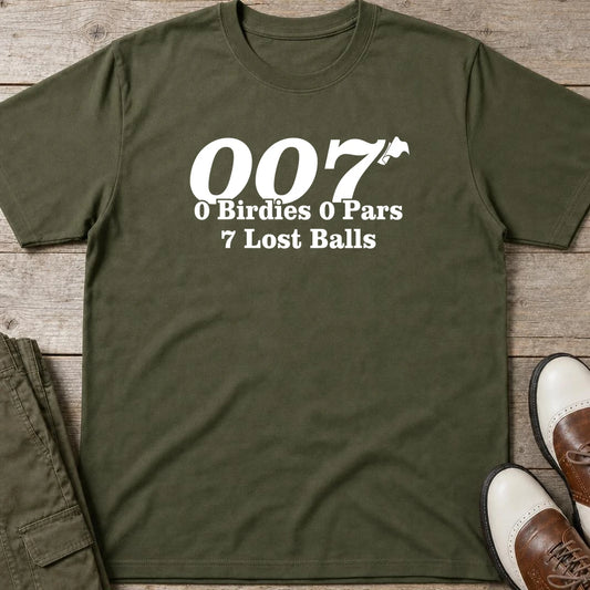 007 Golf T-Shirt in Military Green lying on a plain floor. T-shirt is a unisex cut and 100 per cent cotton.