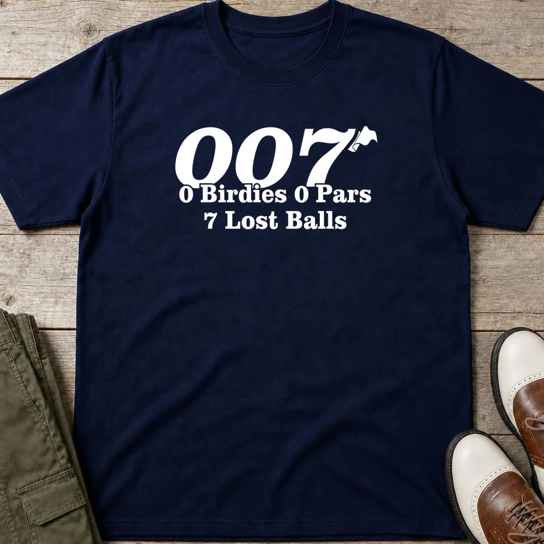 007 Golf T-Shirt in Navy lying on a plain floor. T-shirt is a unisex cut and 100 per cent cotton.