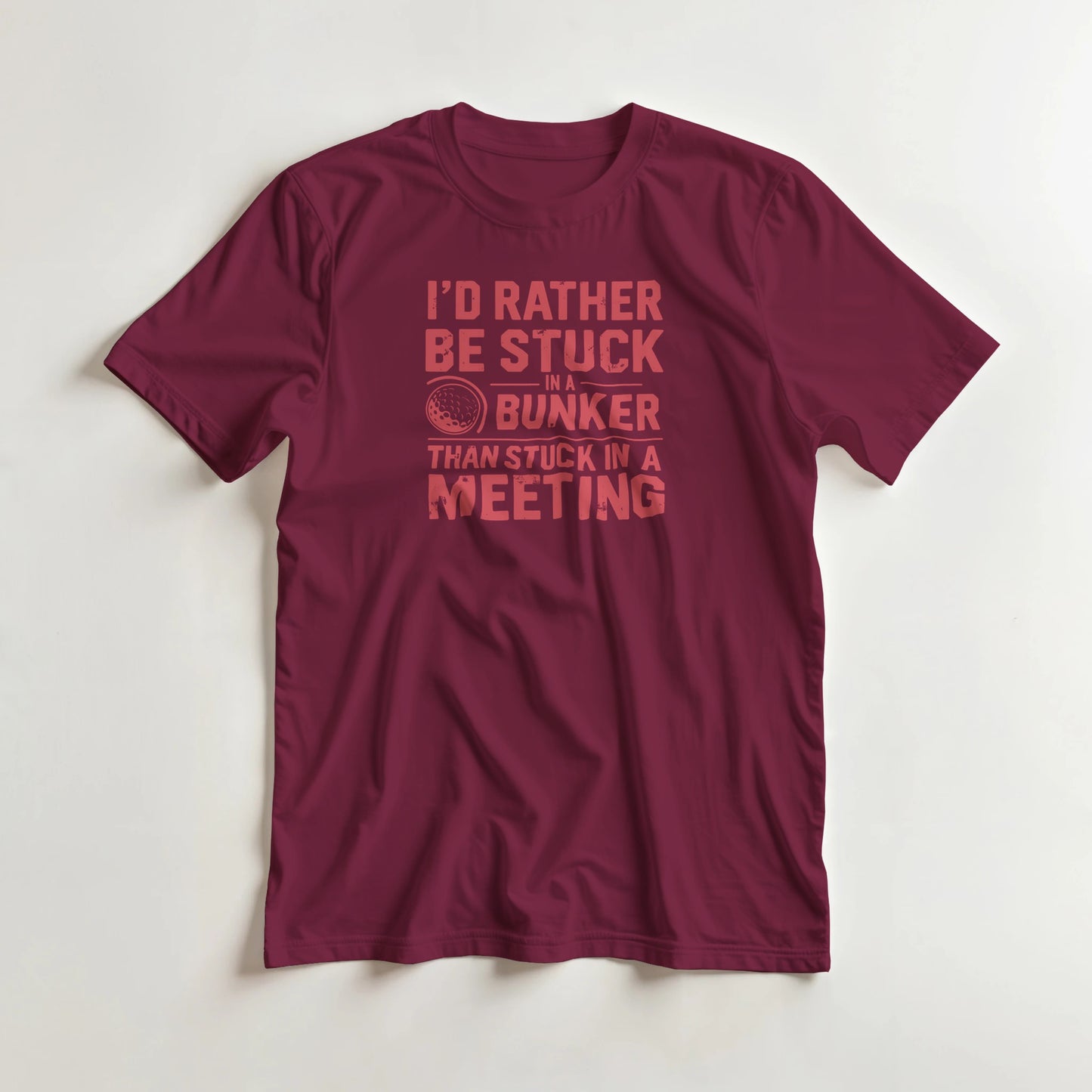 Stuck In Bunker T-Shirt in Maroon S lying on a plain floor. T-shirt is a unisex cut and 100 per cent cotton.