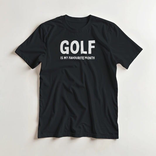 Favourite Month T-Shirt in Black S lying on a plain floor. T-shirt is a unisex cut and 100 per cent cotton.
