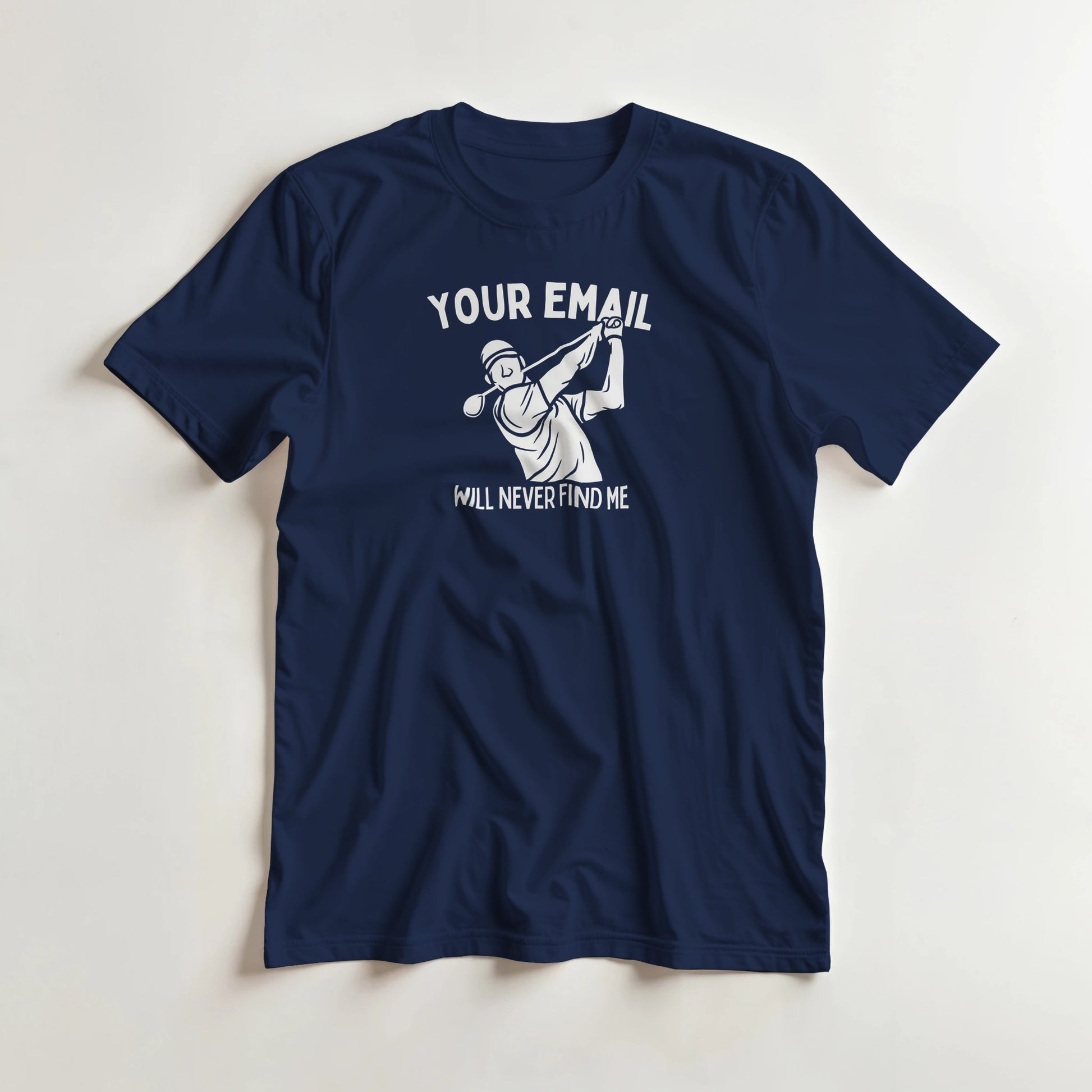 Your Email T-Shirt in Navy lying on a plain floor. T-shirt is a unisex cut and 100 per cent cotton.