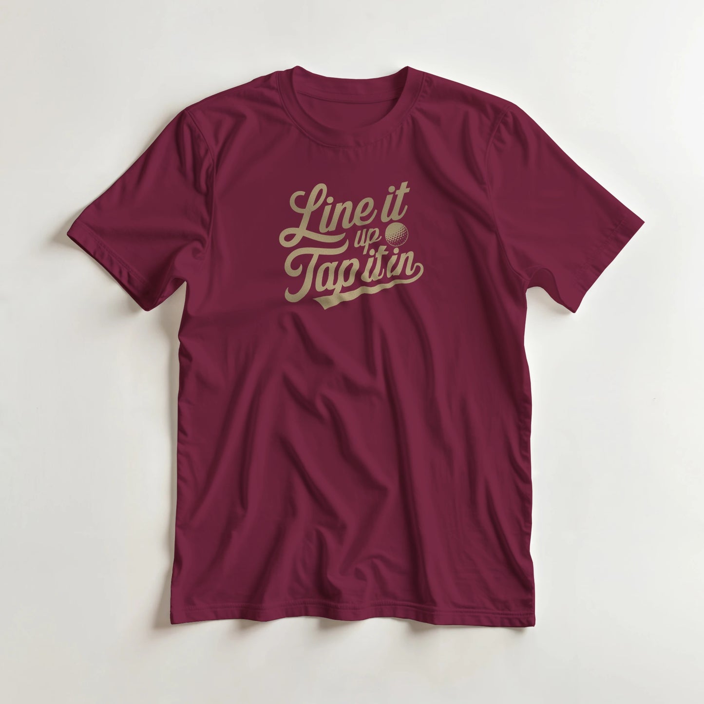 Line It Up T-Shirt in Maroon XL lying on a plain floor. T-shirt is a unisex cut and 100 per cent cotton.