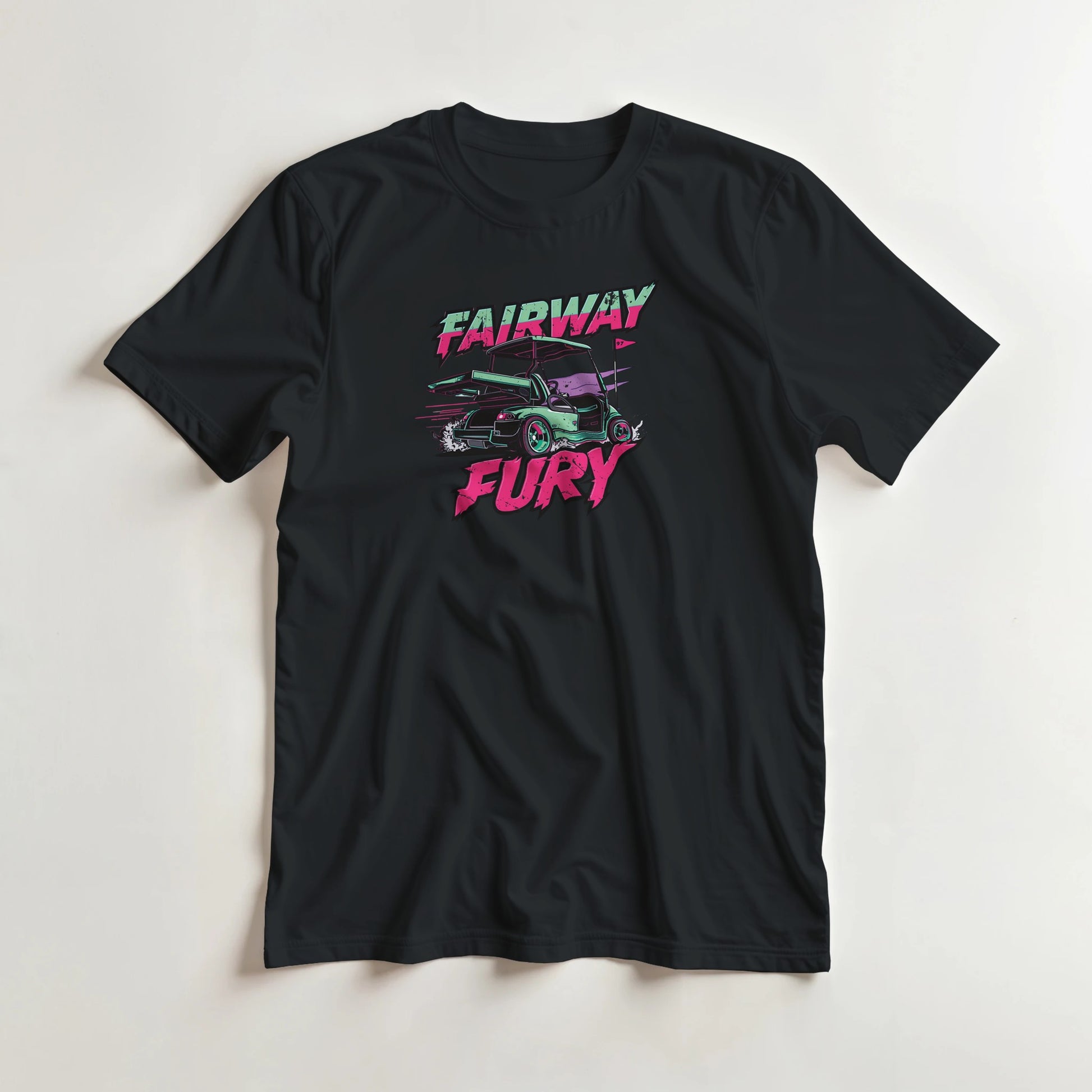 Fairway Fury T-Shirt in Black S lying on a plain floor. T-shirt is a unisex cut and 100 per cent cotton.