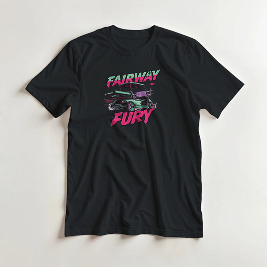 Fairway Fury T-Shirt in Black S lying on a plain floor. T-shirt is a unisex cut and 100 per cent cotton.