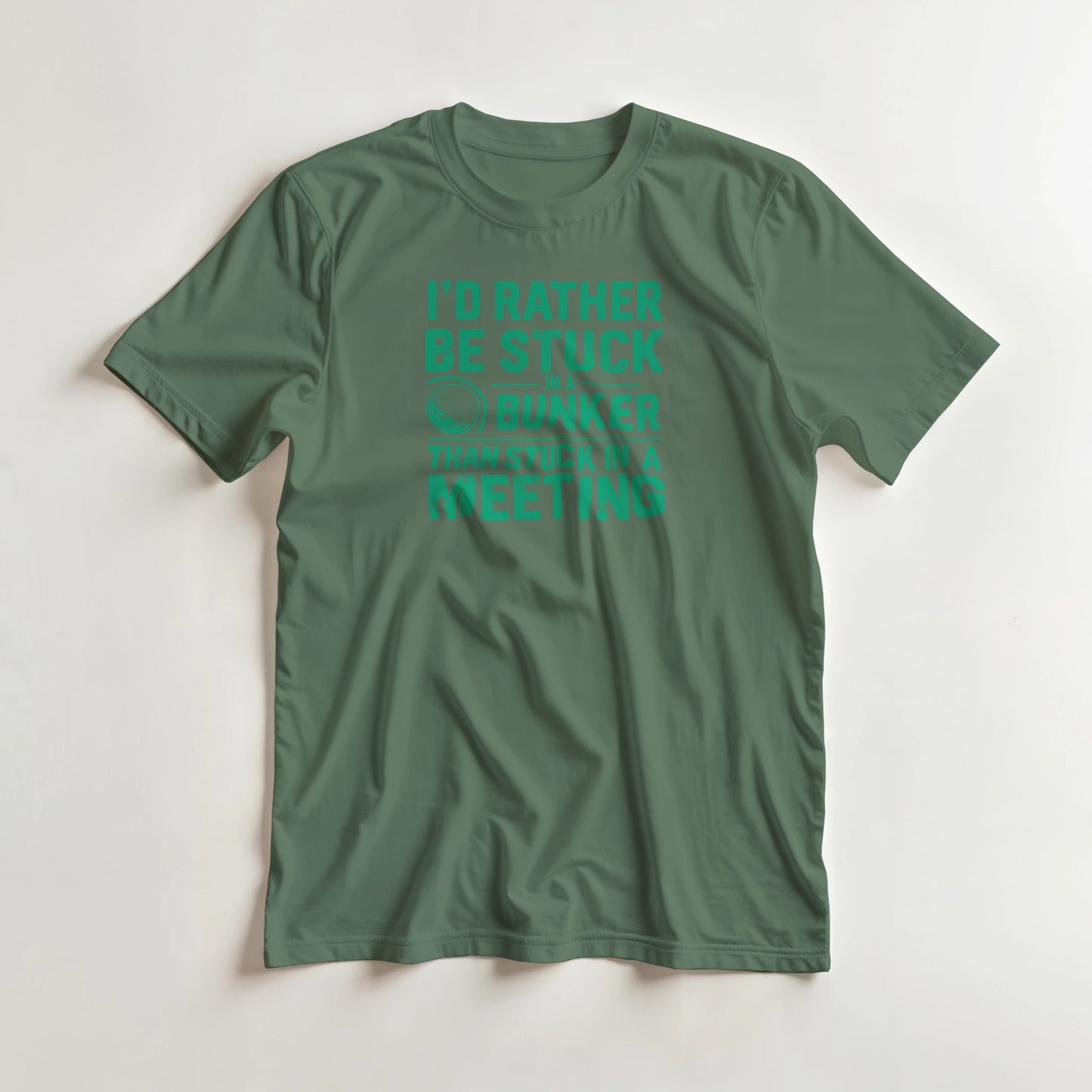Stuck In Bunker T-Shirt in Military Green 3XL lying on a plain floor. T-shirt is a unisex cut and 100 per cent cotton.