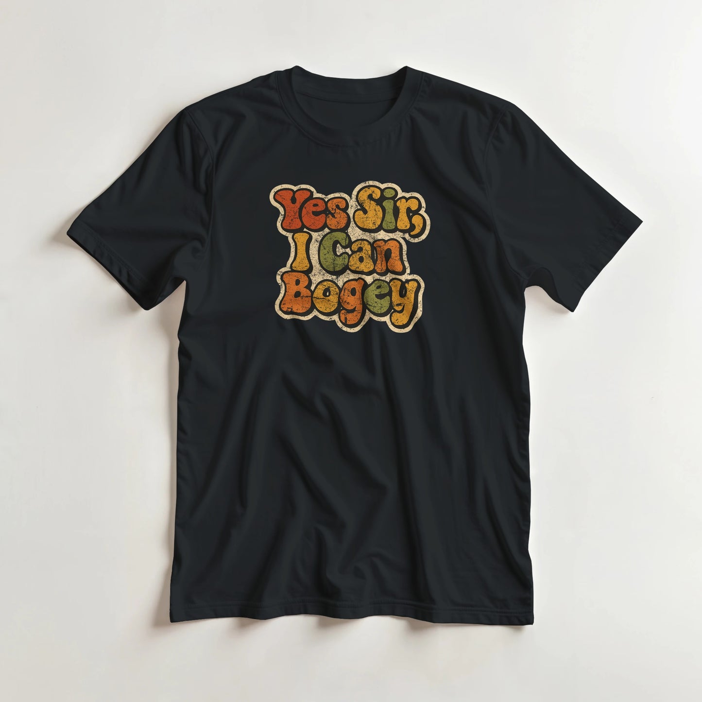 I Can Bogey T-Shirt in Black 3XL lying on a plain floor. T-shirt is a unisex cut and 100 per cent cotton.