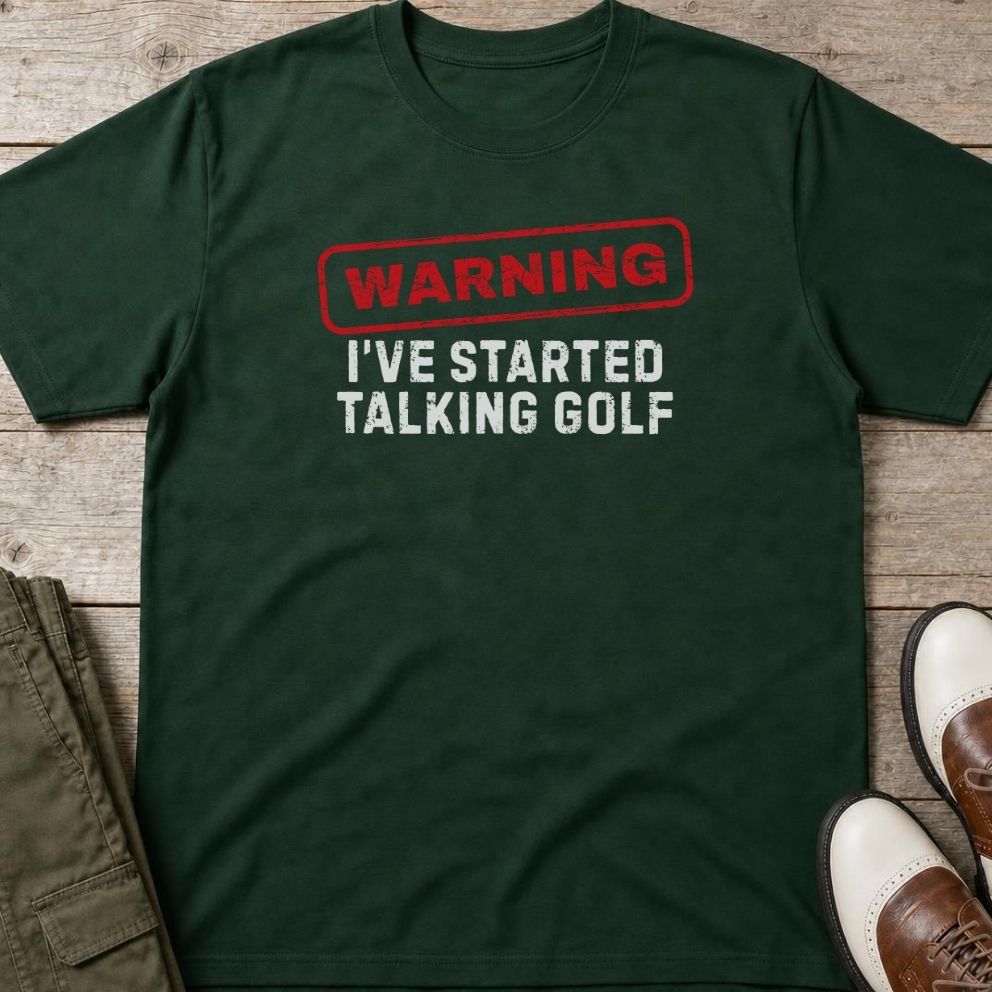 Talking Golf T-Shirt in Forest Green lying on a plain floor. T-shirt is a unisex cut and 100 per cent cotton.
