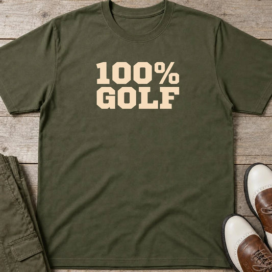 100% Golf T-Shirt in Military Green lying on a plain floor. T-shirt is a unisex cut and 100 per cent cotton.