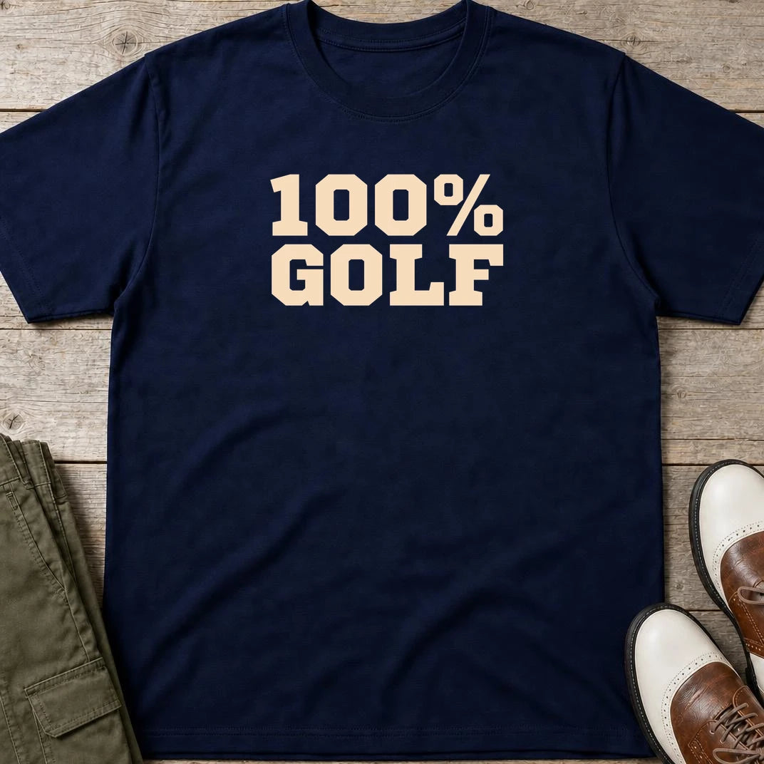 100% Golf T-Shirt in Navy lying on a plain floor. T-shirt is a unisex cut and 100 per cent cotton.