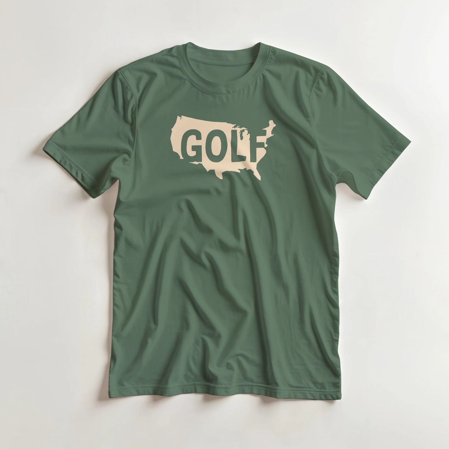 Golf USA T-Shirt in Military Green 3XL lying on a plain floor. T-shirt is a unisex cut and 100 per cent cotton.