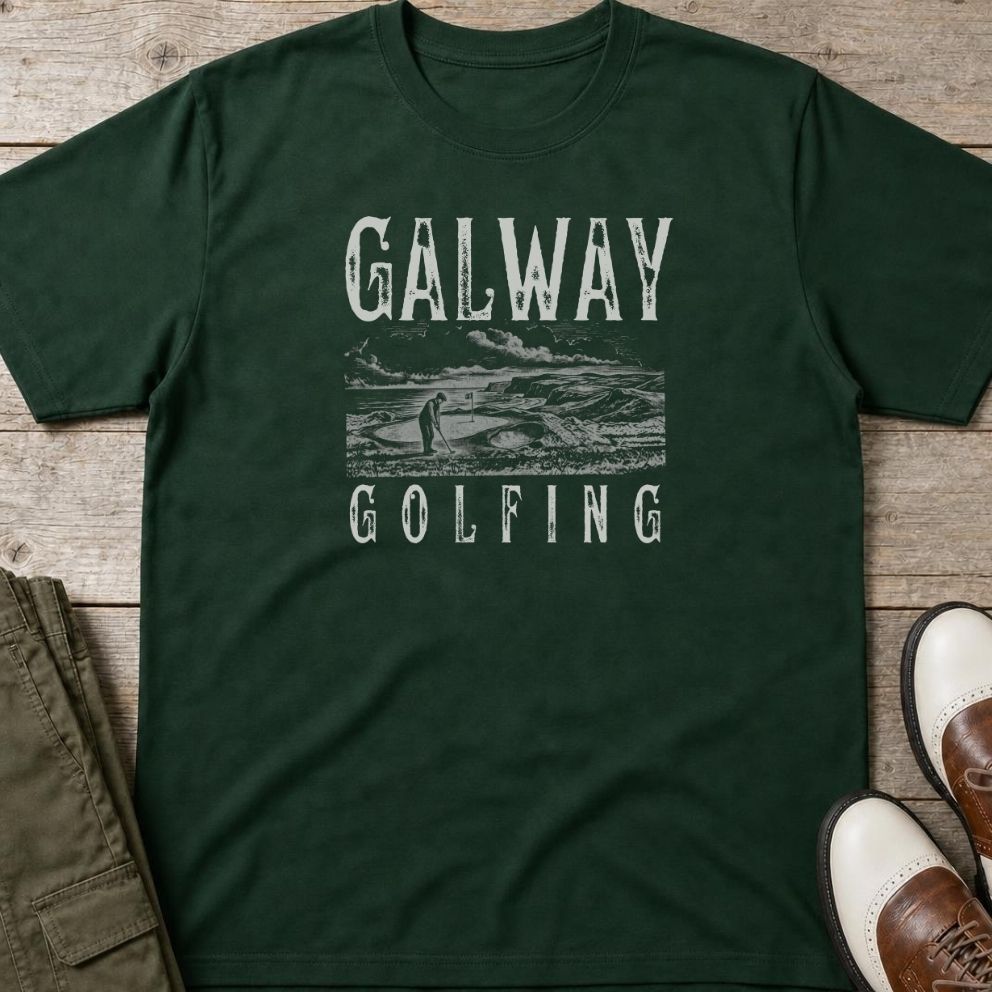 Galway T-Shirt in Forest Green lying on a plain floor. T-shirt is a unisex cut and 100 per cent cotton.