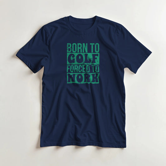 Born To Golf T-Shirt in Navy lying on a plain floor. T-shirt is a unisex cut and 100 per cent cotton.
