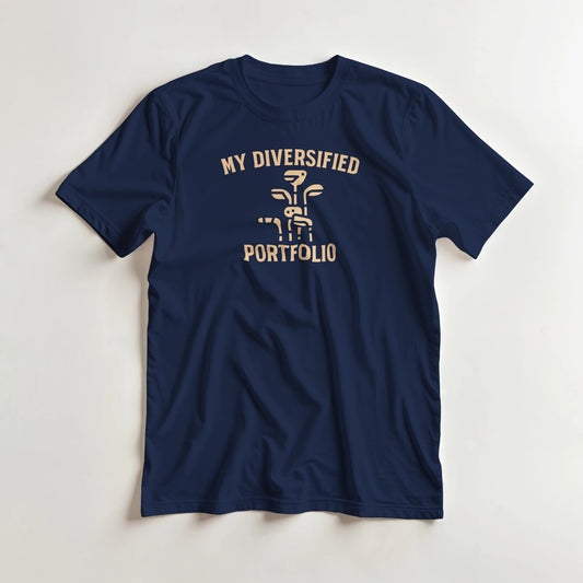 Portfolio T-Shirt in Navy S lying on a plain floor. T-shirt is a unisex cut and 100 per cent cotton.