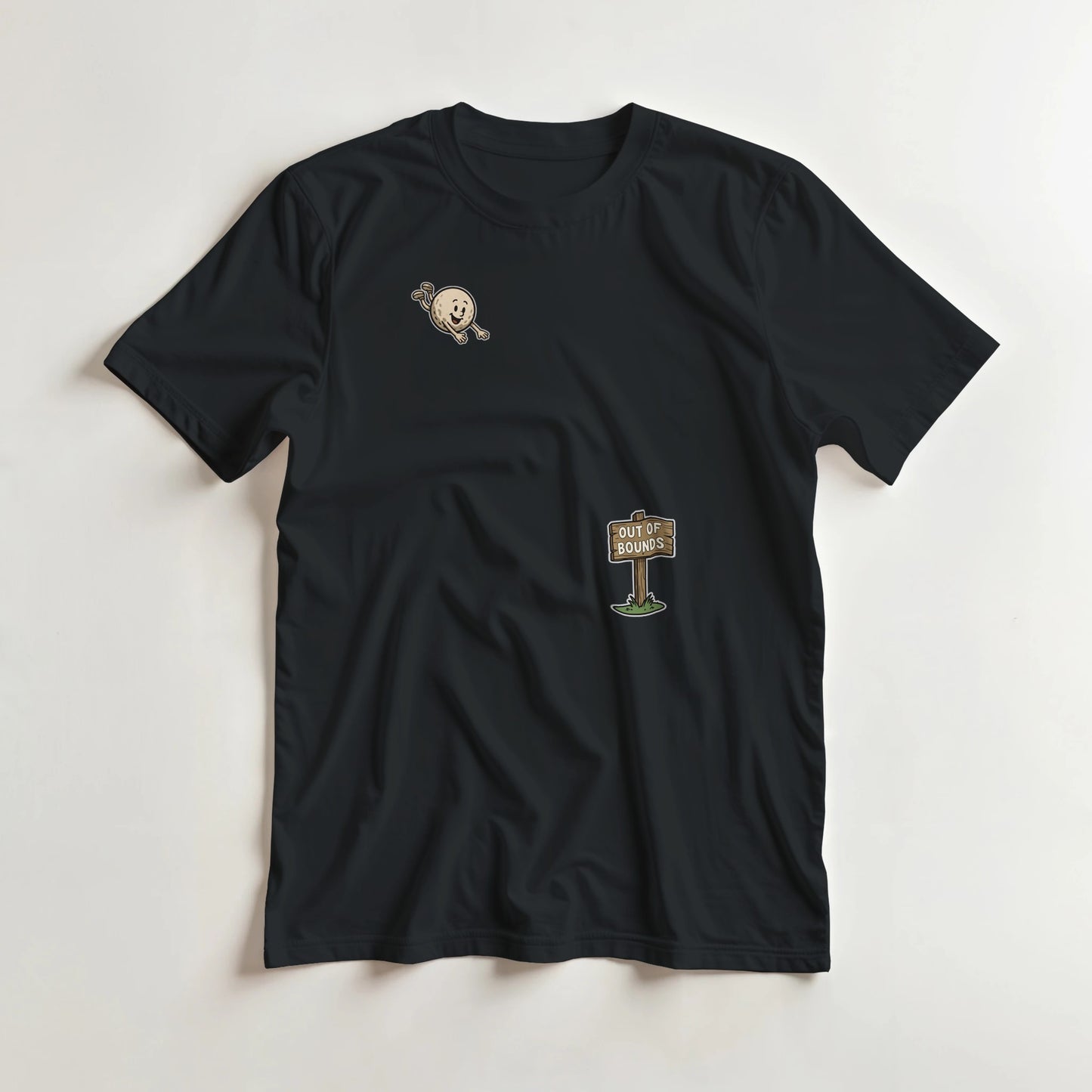Flying Out Of Bounds T-Shirt in Black lying on a plain floor. T-shirt is a unisex cut and 100 per cent cotton.