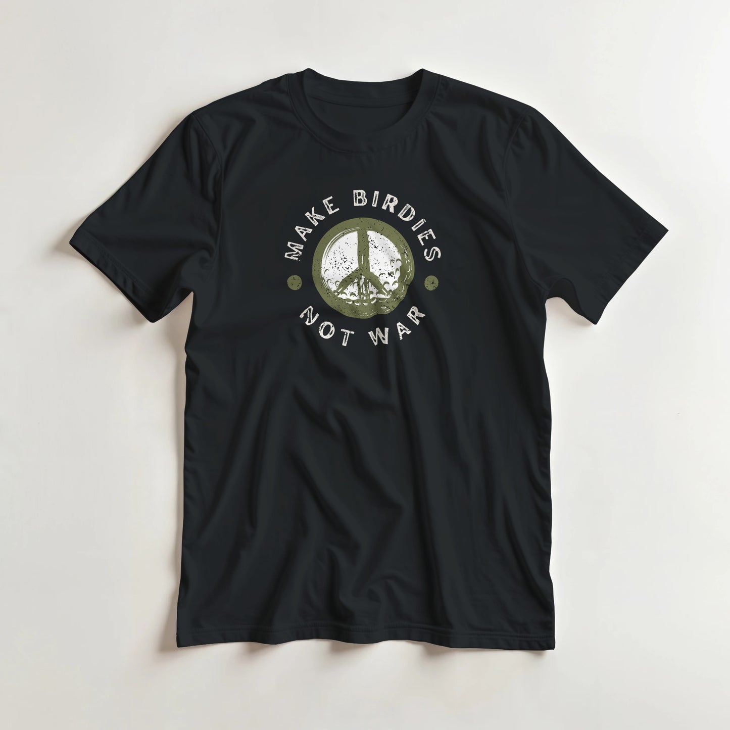 Make Birdies T-Shirt in Black L lying on a plain floor. T-shirt is a unisex cut and 100 per cent cotton.