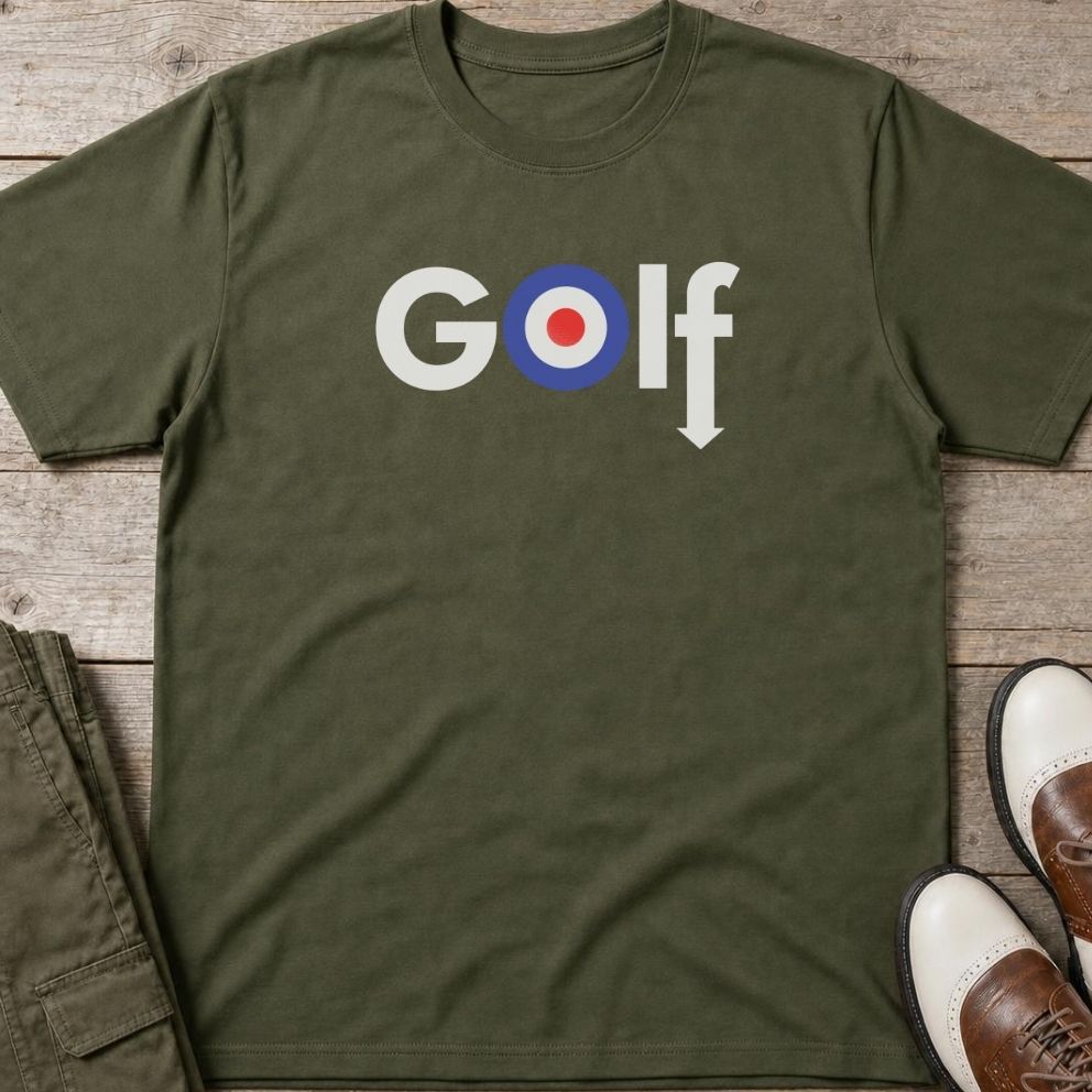 Golf Mod T-Shirt in Military Green lying on a plain floor. T-shirt is a unisex cut and 100 per cent cotton.