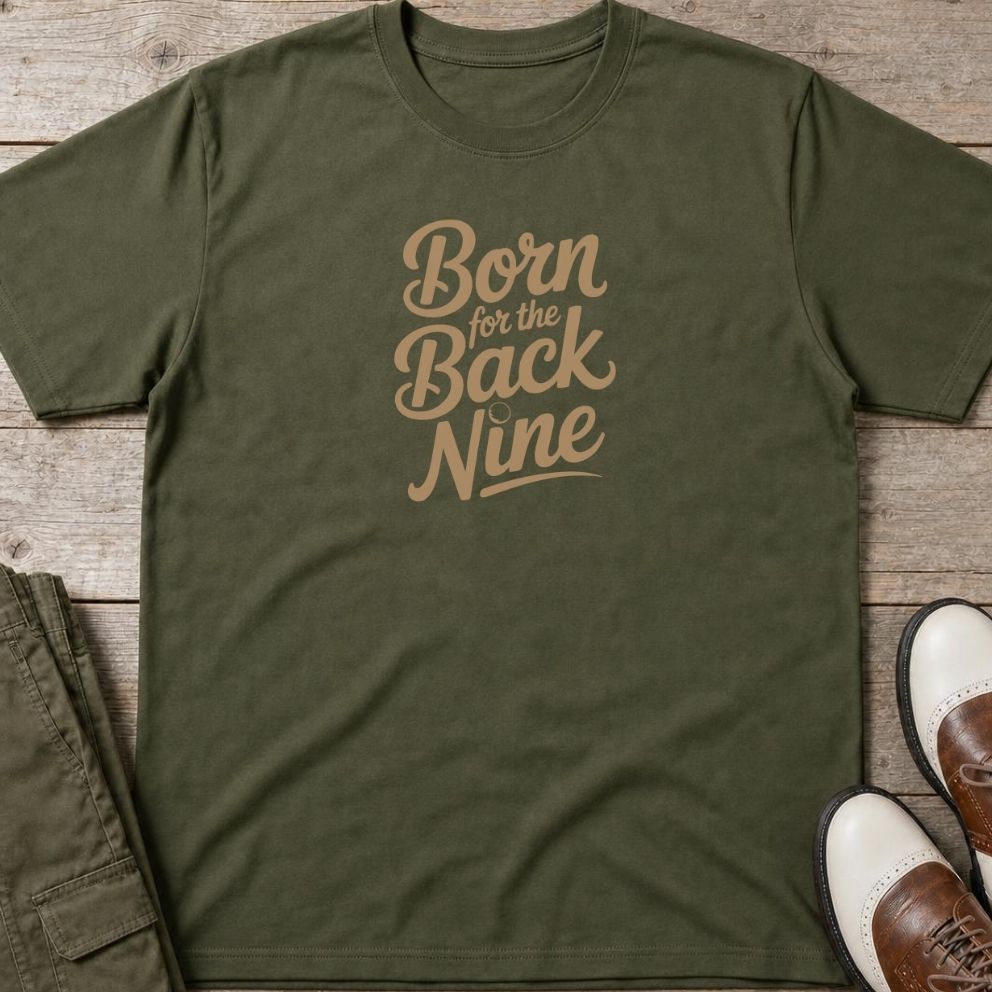 Back Nine T-Shirt in Military Green lying on a plain floor. T-shirt is a unisex cut and 100 per cent cotton.