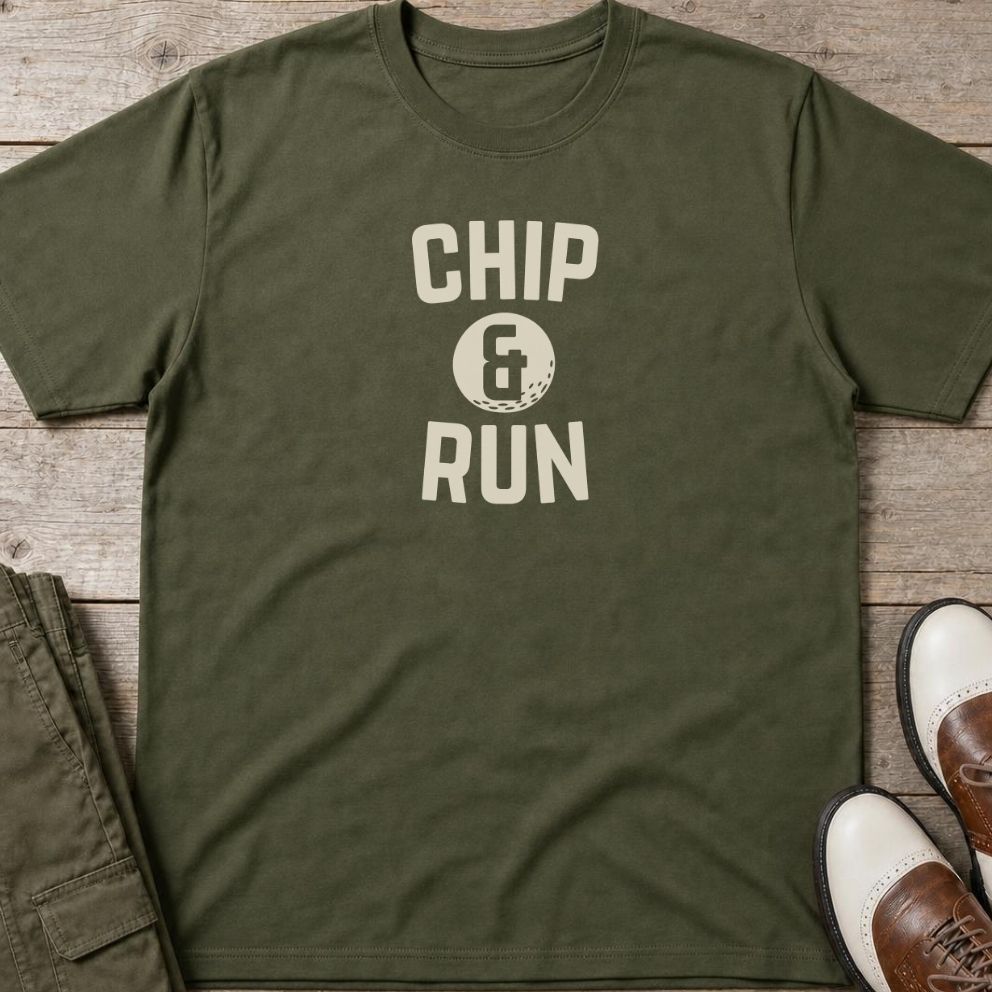 Chip & Run T-Shirt in Military Green lying on a plain floor. T-shirt is a unisex cut and 100 per cent cotton.