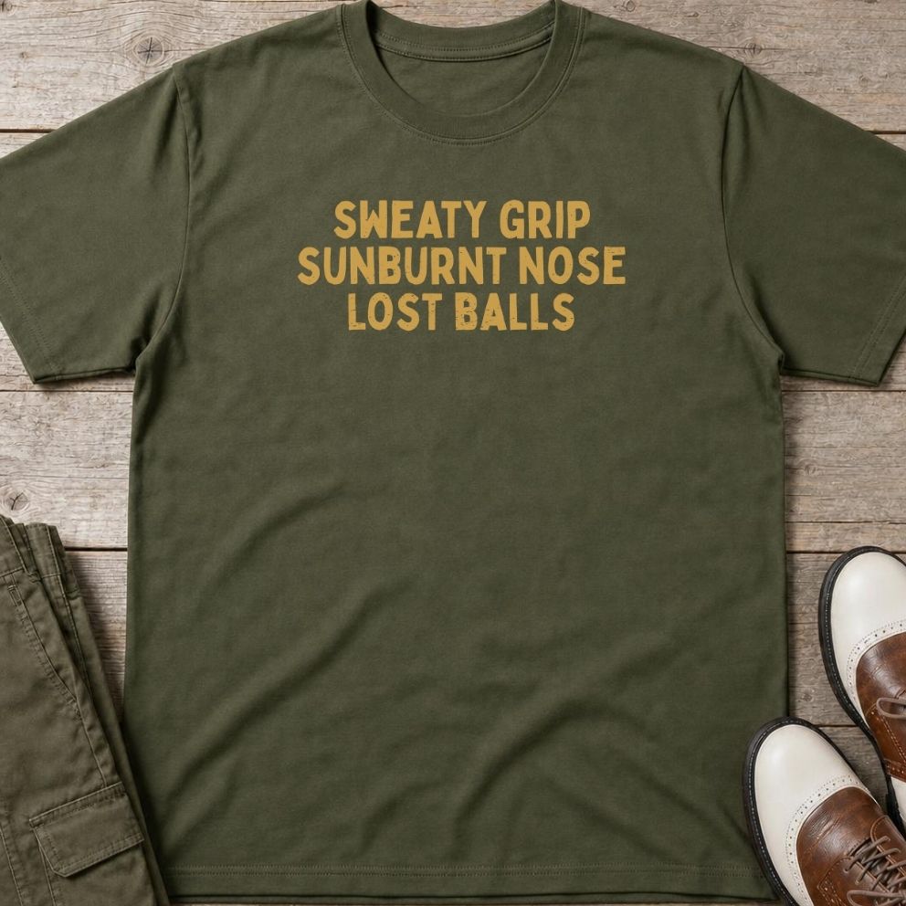 Sweaty Grip T-Shirt in Military Green lying on a plain floor. T-shirt is a unisex cut and 100 per cent cotton.