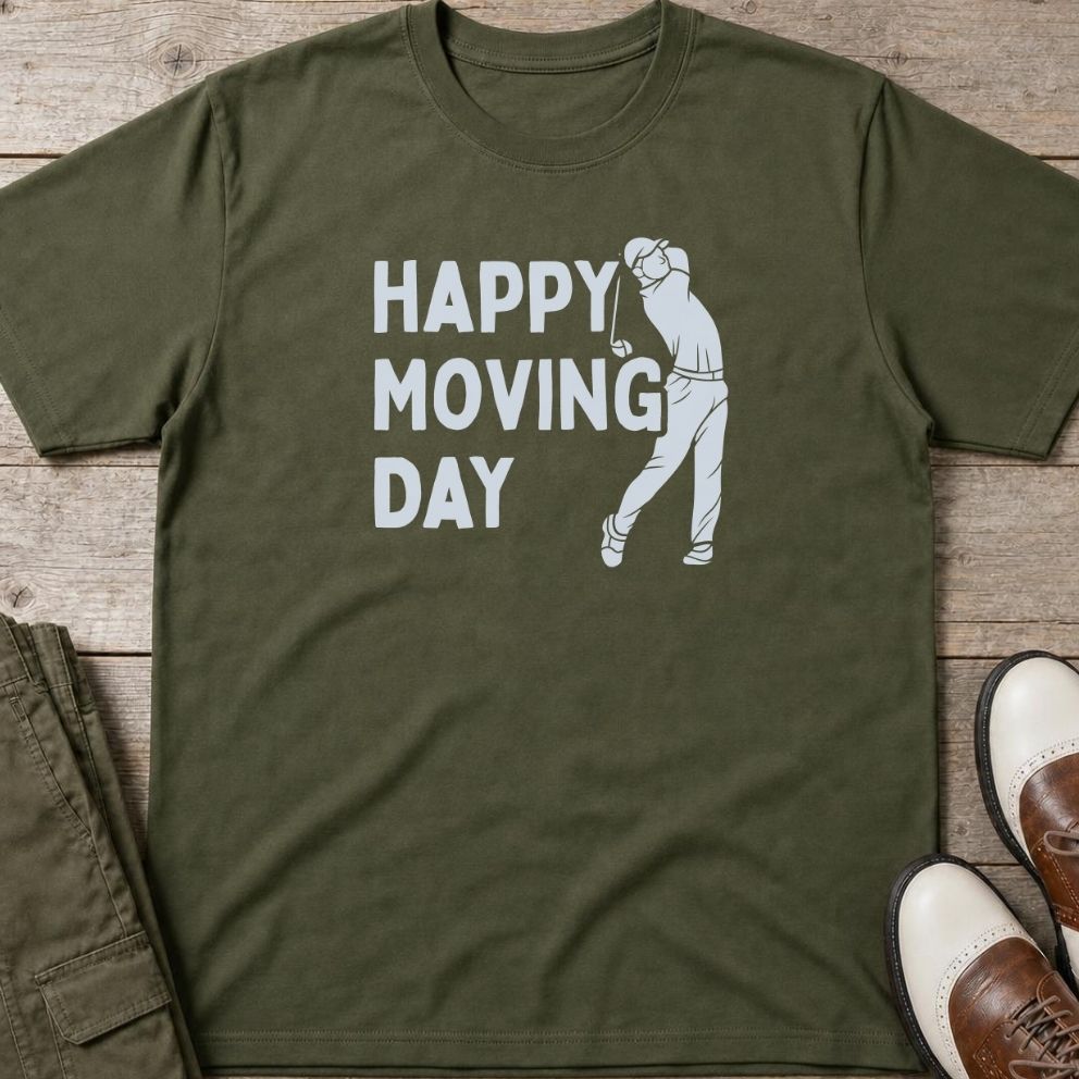 Happy Moving Day T-Shirt in Military Green lying on a plain floor. T-shirt is a unisex cut and 100 per cent cotton.