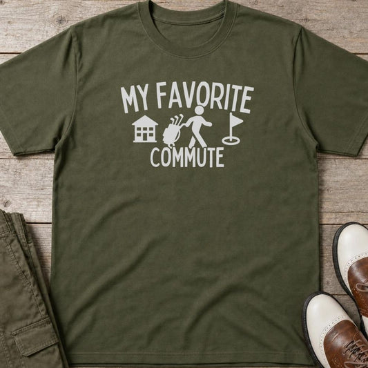 Favorite Commute T-Shirt in Military Green lying on a plain floor. T-shirt is a unisex cut and 100 per cent cotton.