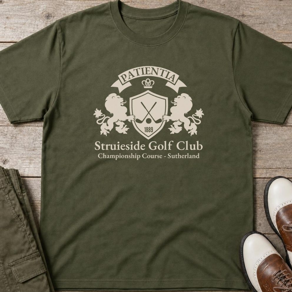 Struieside GC T-Shirt in Military Green lying on a plain floor. T-shirt is a unisex cut and 100 per cent cotton.