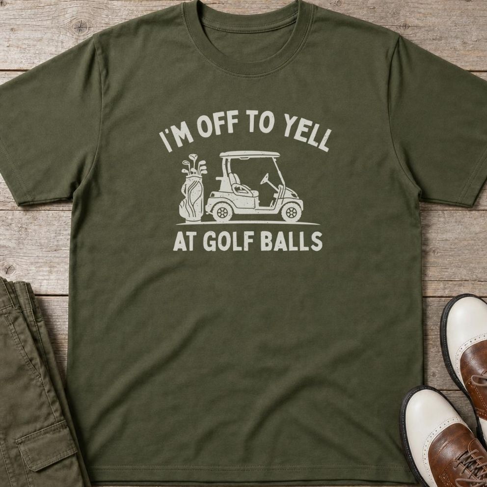 Off To Yell T-Shirt in Military Green lying on a plain floor. T-shirt is a unisex cut and 100 per cent cotton.