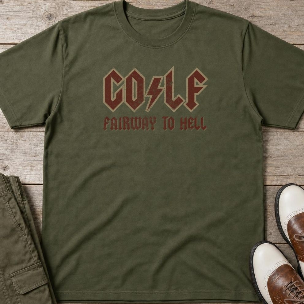 Fairway To Hell T-Shirt in Military Green lying on a plain floor. T-shirt is a unisex cut and 100 per cent cotton.