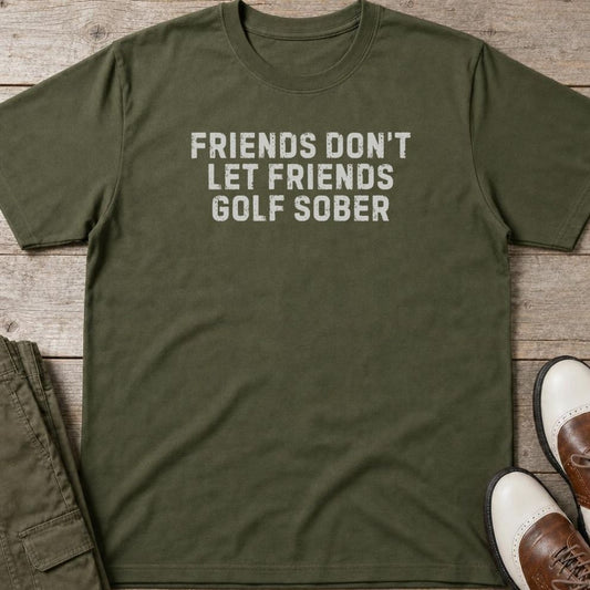 Friends T-Shirt in Military Green lying on a plain floor. T-shirt is a unisex cut and 100 per cent cotton.