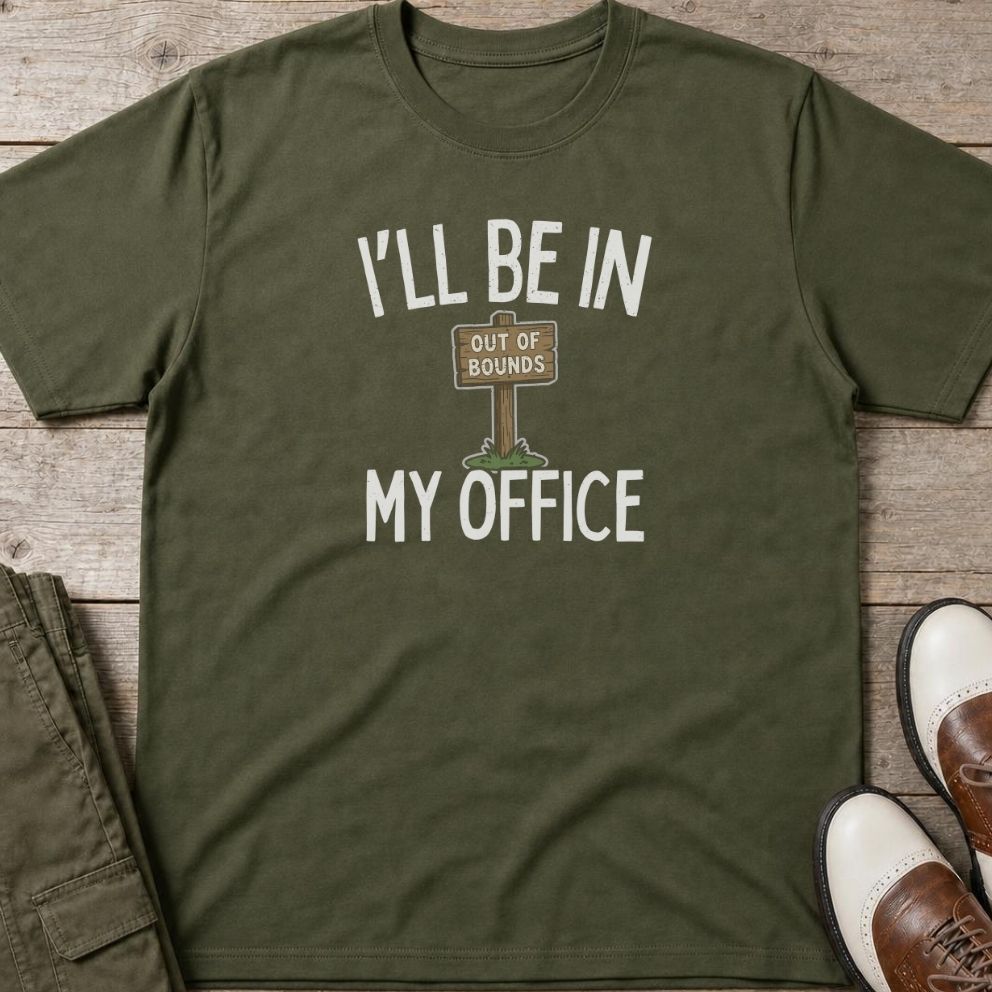 In My Office T-Shirt in Military Green lying on a plain floor. T-shirt is a unisex cut and 100 per cent cotton.