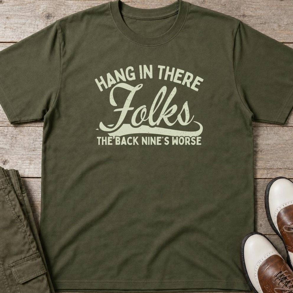 Hang In There T-Shirt in Military Green lying on a plain floor. T-shirt is a unisex cut and 100 per cent cotton.