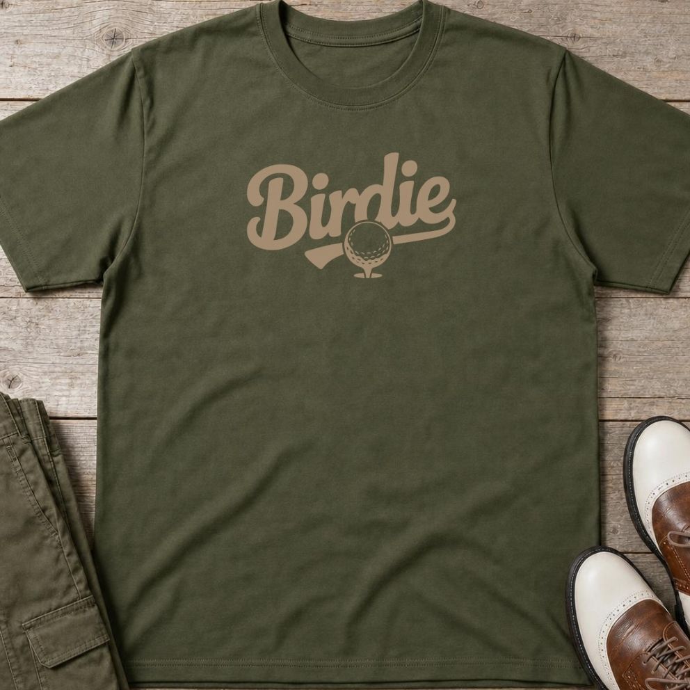 Birdie T-Shirt in Military Green lying on a plain floor. T-shirt is a unisex cut and 100 per cent cotton.