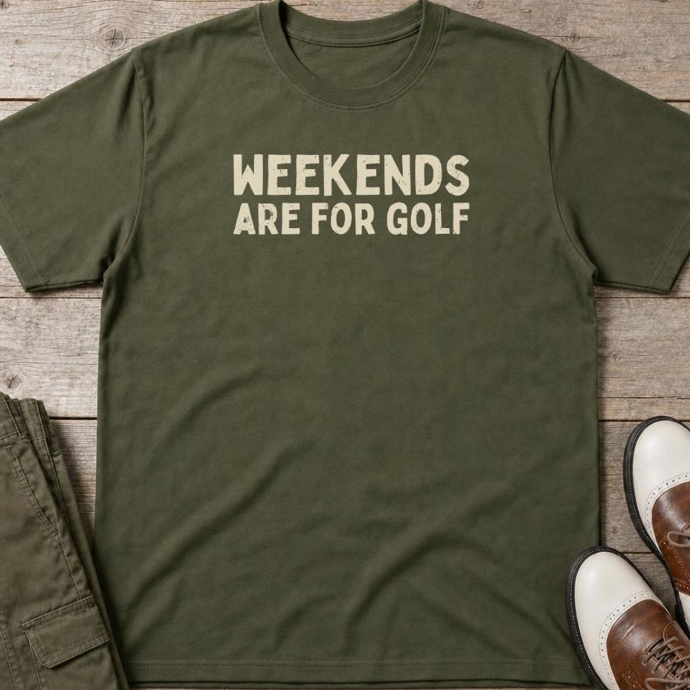 Weekends T-Shirt in Military Green lying on a plain floor. T-shirt is a unisex cut and 100 per cent cotton.