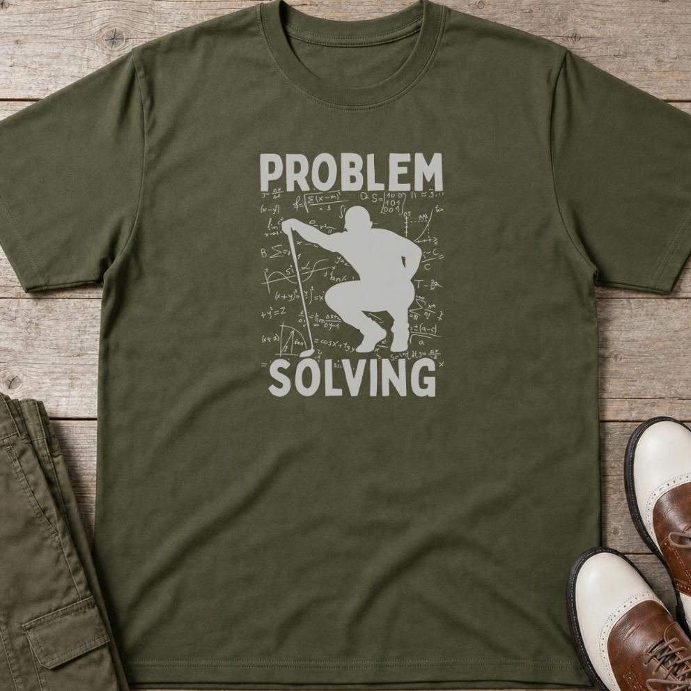 Problem Solving T-Shirt in Military Green lying on a plain floor. T-shirt is a unisex cut and 100 per cent cotton.