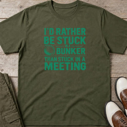 Stuck In Bunker T-Shirt in lying on a plain floor. T-shirt is a unisex cut and 100 per cent cotton.