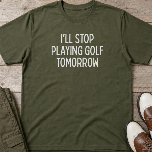 I'll Stop T-Shirt in Military Green lying on a plain floor. T-shirt is a unisex cut and 100 per cent cotton.