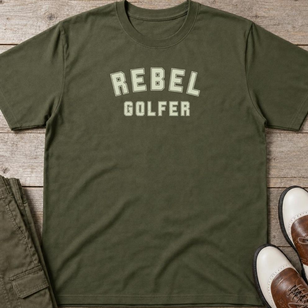 Rebel Golfer T-Shirt in Military Green lying on a plain floor. T-shirt is a unisex cut and 100 per cent cotton.